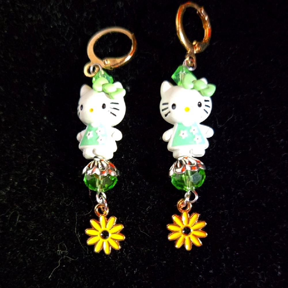 Enameled Hello Kitty Green and Yellow Whimsical Dangling Earrings